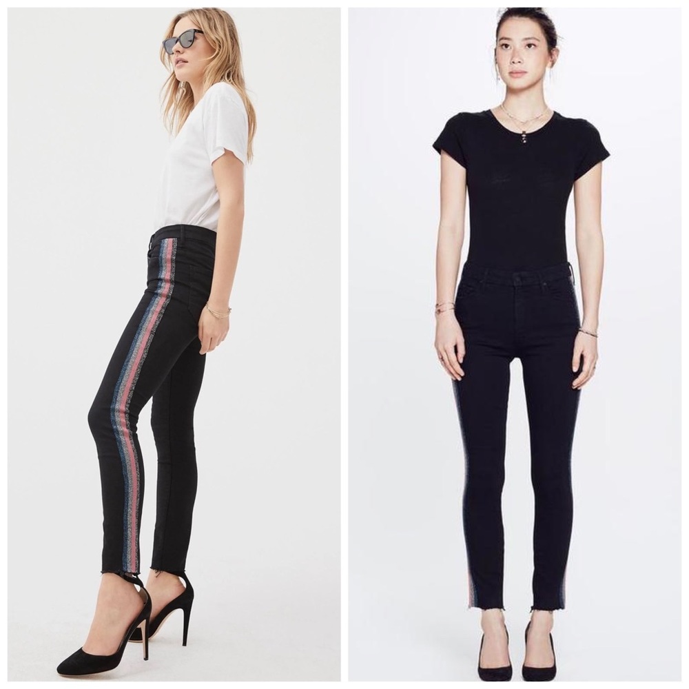 MOTHER Black Skinny Jeans with Pink and Blue Side Stripe